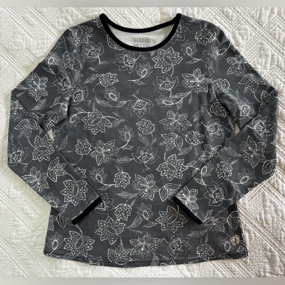 Hang Ten Long Sleeve Rash Guard Shirt Medium Gray Floral UPF+50 Valuables Pocket